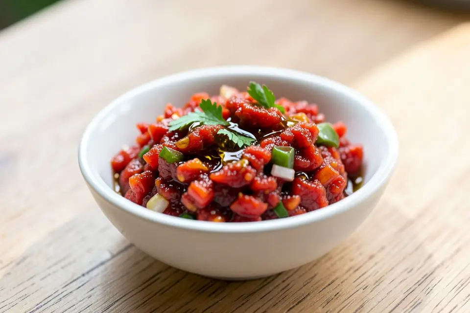 Finely chopped spicy acılı ezme in a small bowl