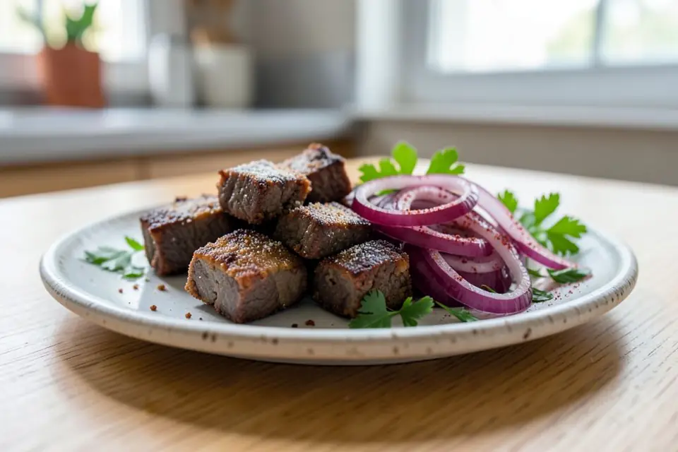 Albanian-style fried liver served with onion and parsley