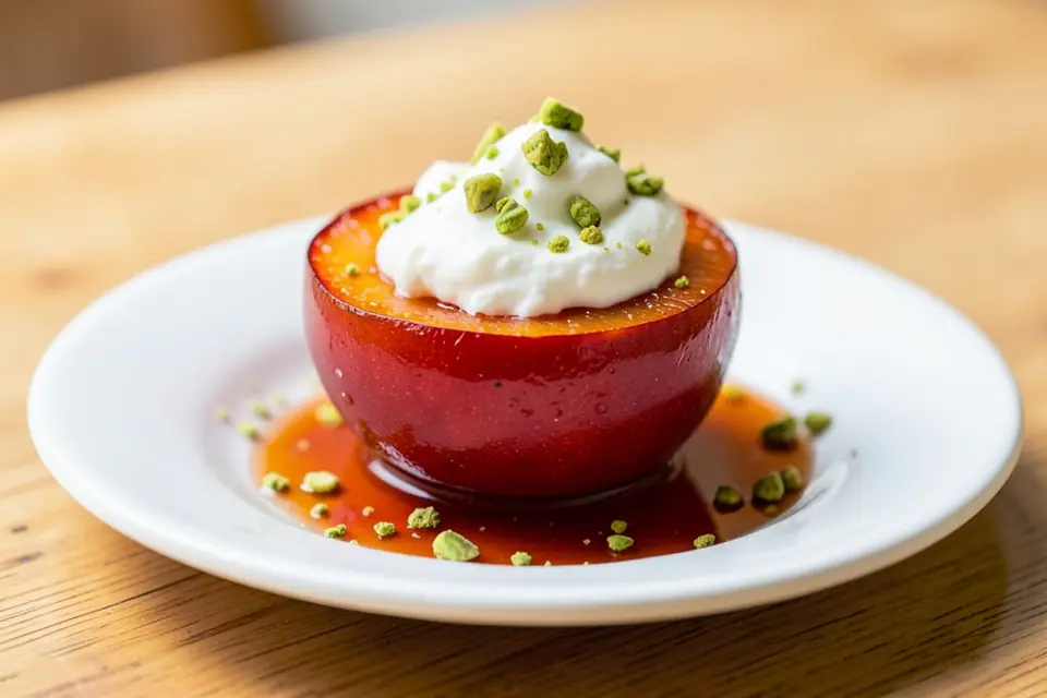Half a quince dessert topped with clotted cream and pistachios
