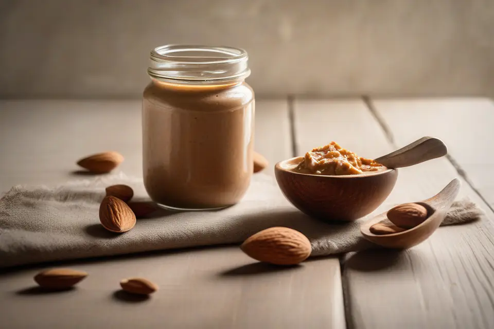 Almond butter in a jar next to almonds