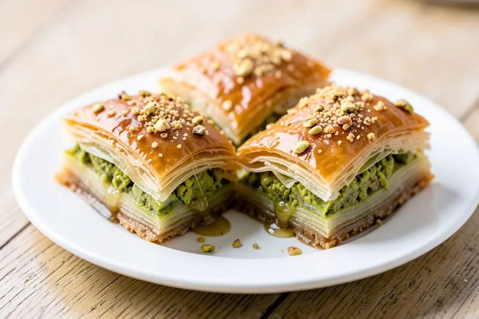 Four pieces of pistachio baklava on a plate