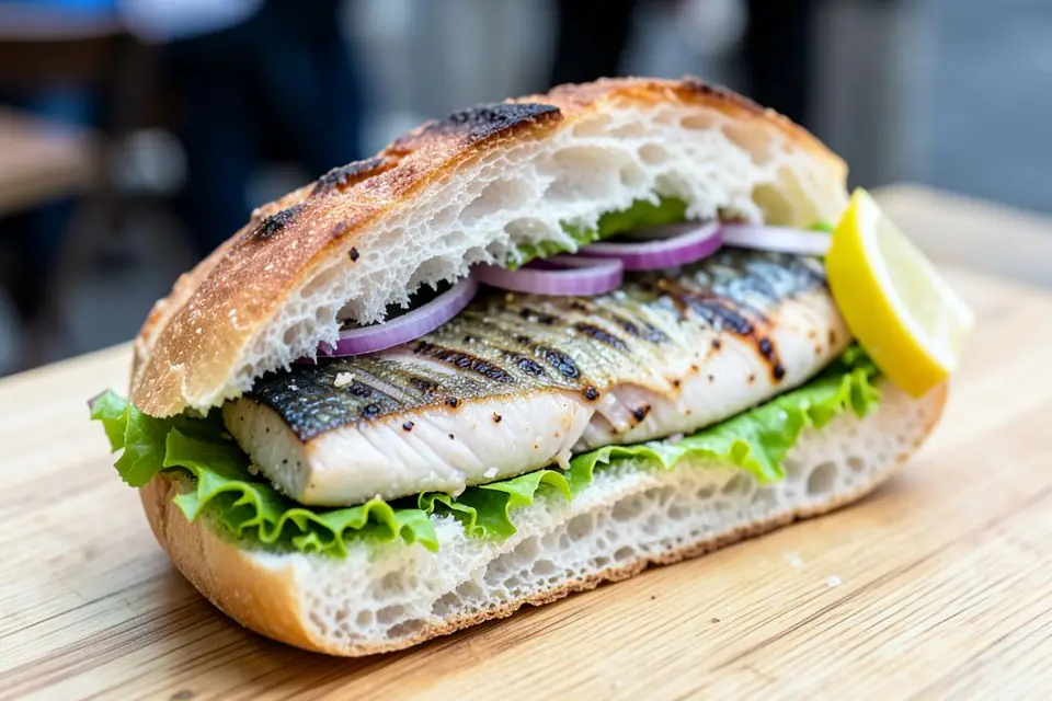 Fish sandwich: grilled mackerel in bread with lettuce and onion