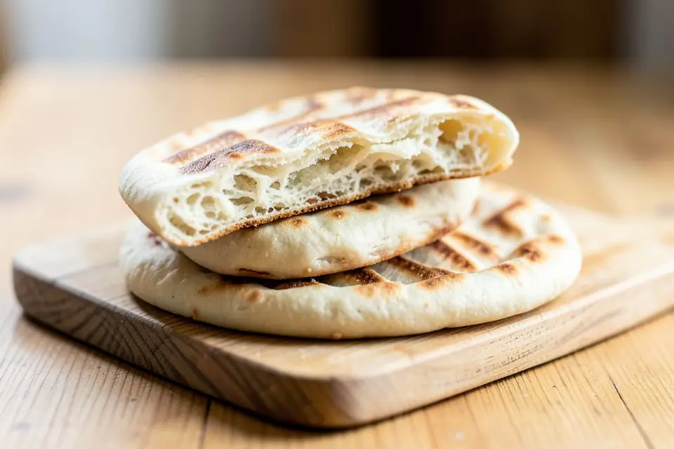 Two bazlama flatbreads on a wooden board