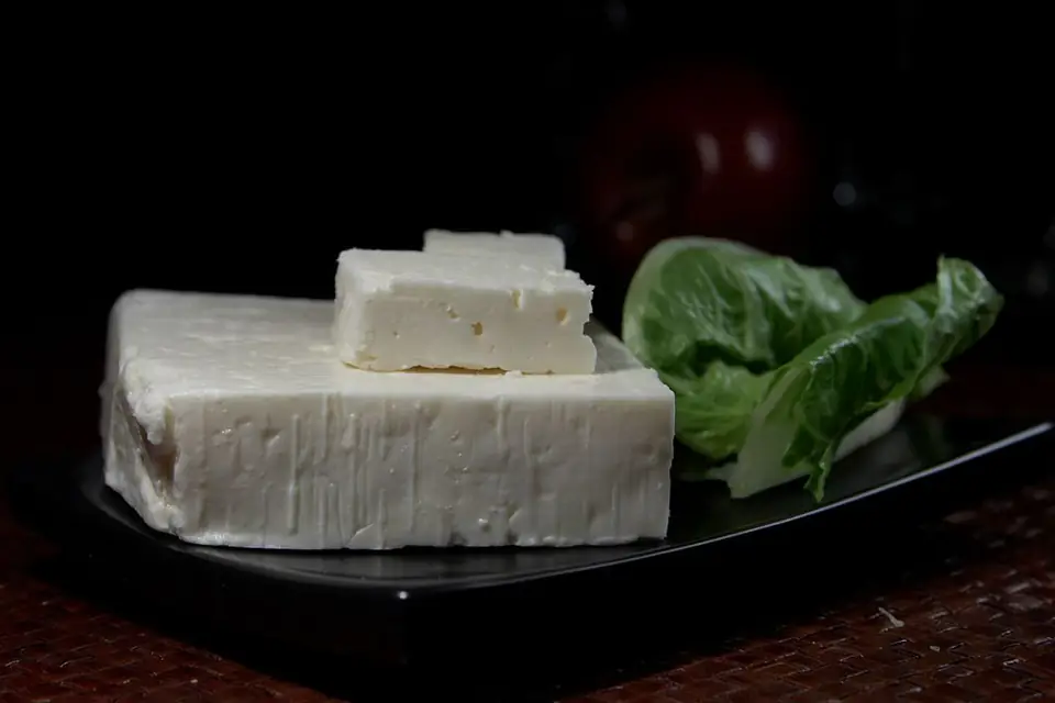 A block of white cheese with a basil leaf