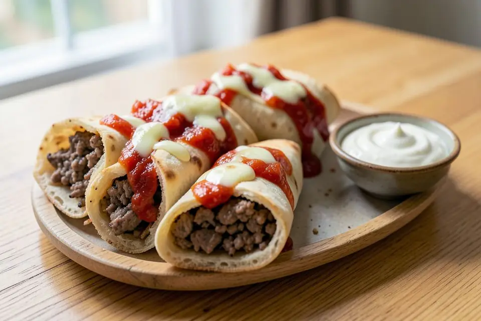 Slices of beyti kebab wrapped in lavash with tomato sauce and yogurt