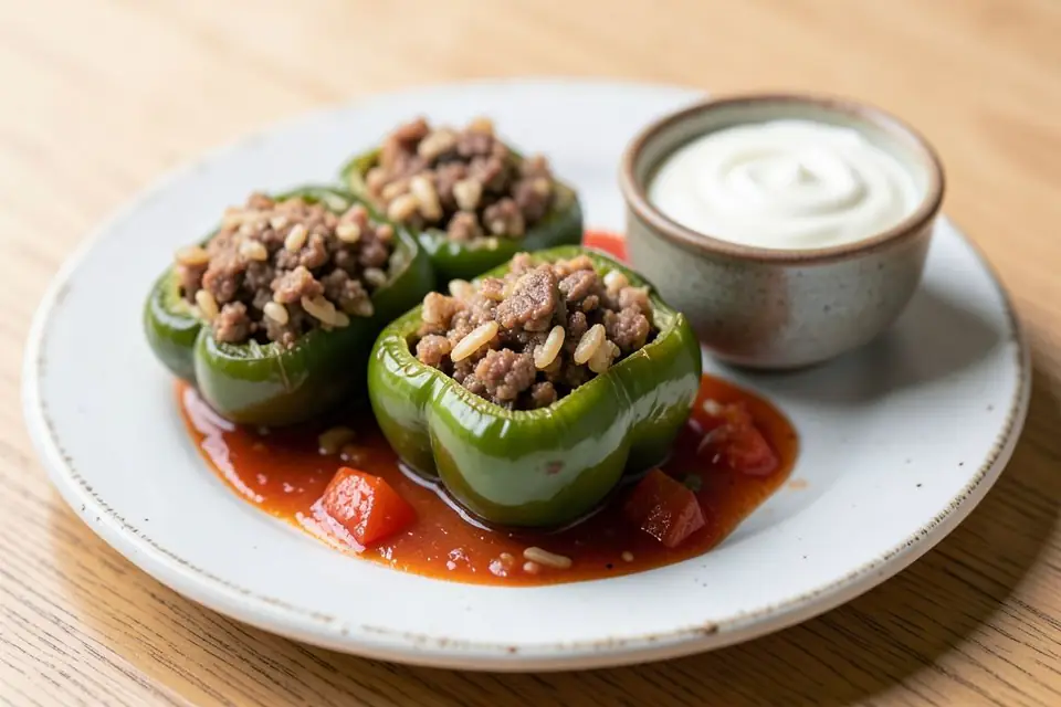 Meat-stuffed peppers with yogurt on a plate