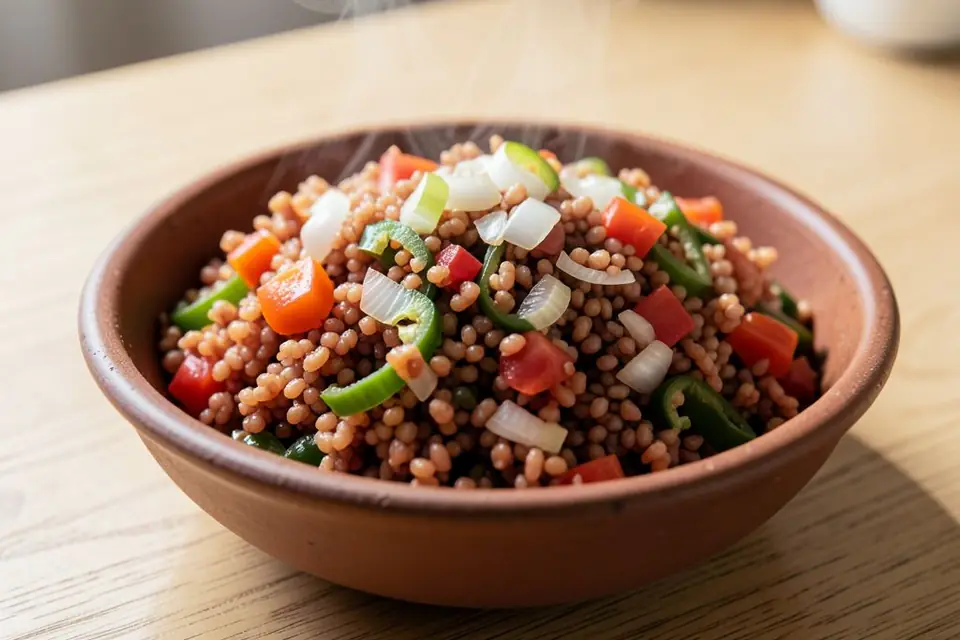 Bulgur pilaf with tomato and peppers in a bowl