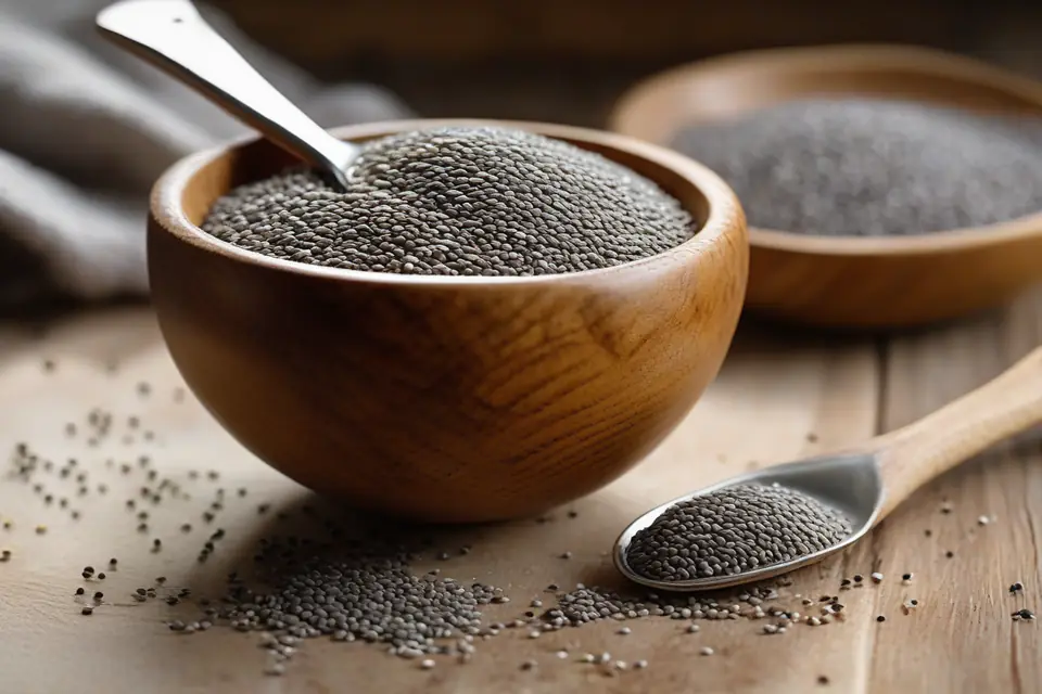 Chia seeds in a wooden bowl