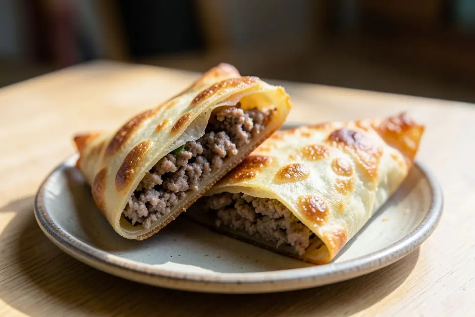 Two crispy çiğ börek pastries on a plate