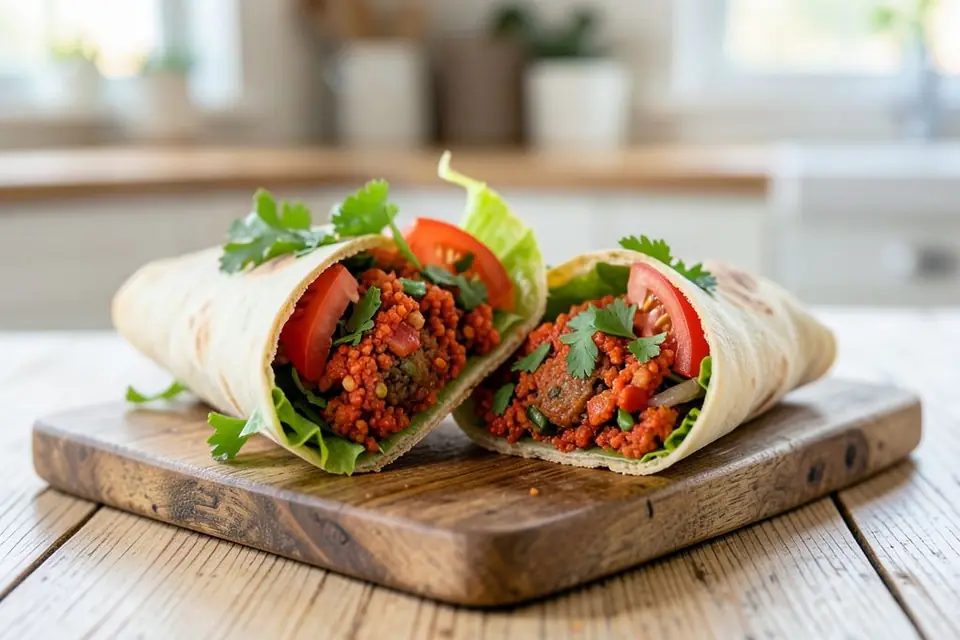 A çiğ köfte wrap cut in half
