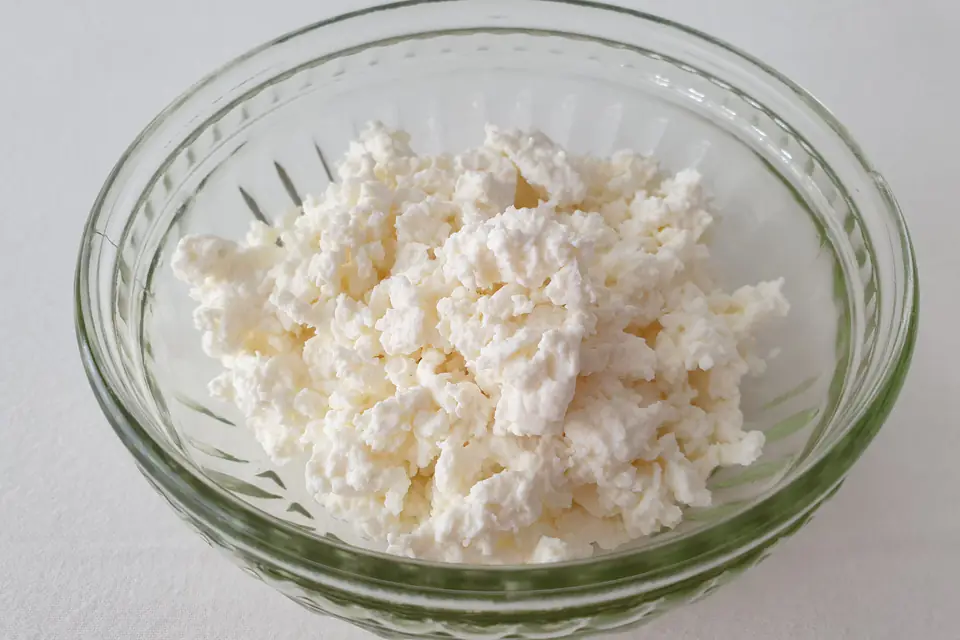 Cottage cheese in a glass bowl