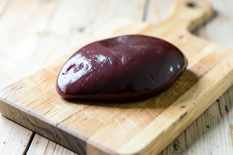 Raw beef liver on a cutting board