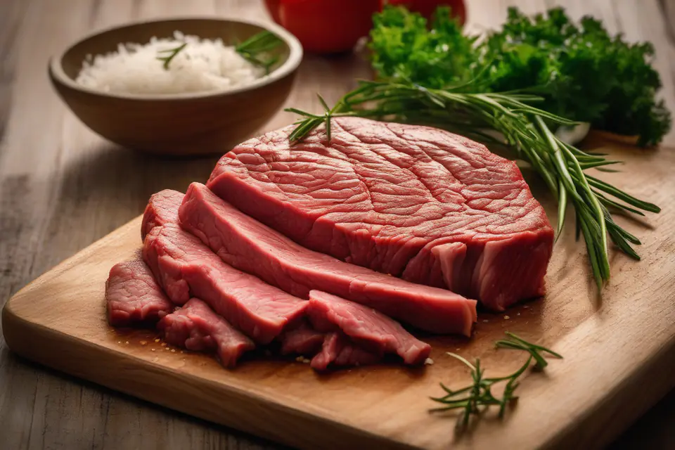 Raw lean beef on a cutting board