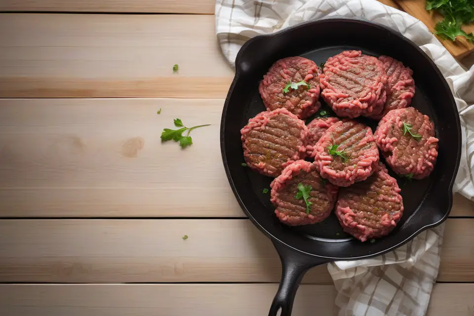 Extra-lean ground beef patties cooked in a pan