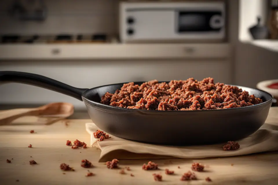 Ground beef browned in a pan