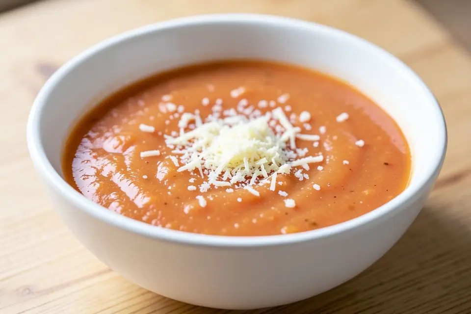 Tomato soup topped with grated kaşar cheese in a white bowl