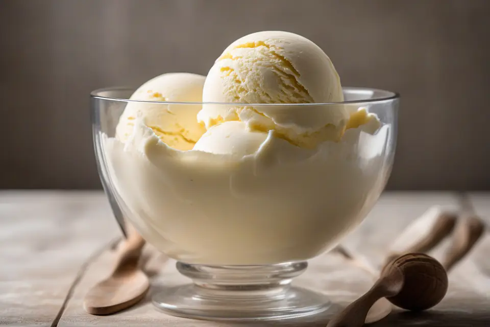 Two scoops of vanilla ice cream in a glass bowl