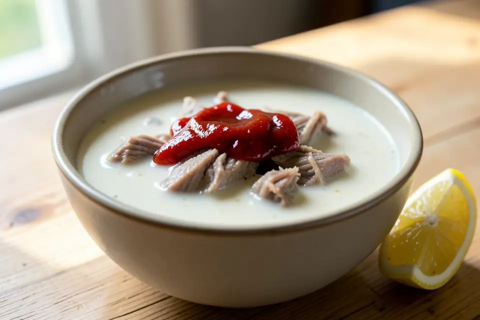 Wedding soup drizzled with red pepper butter
