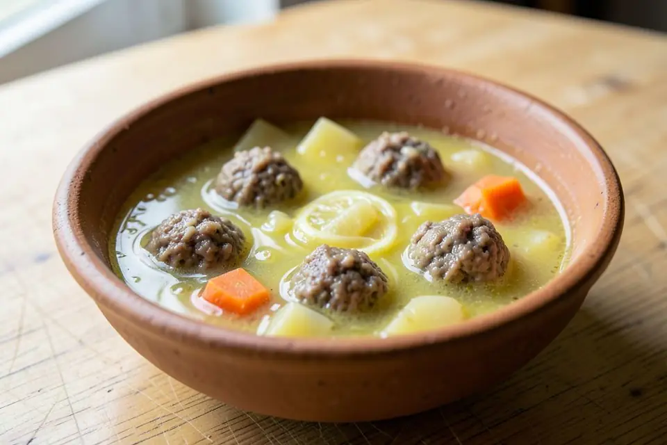 Ekşili köfte with potatoes and carrots in a lemony sauce