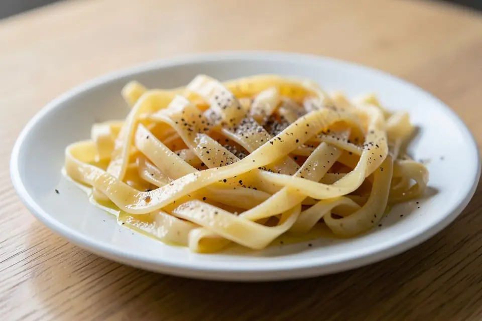 Buttered erişte noodles on a plate