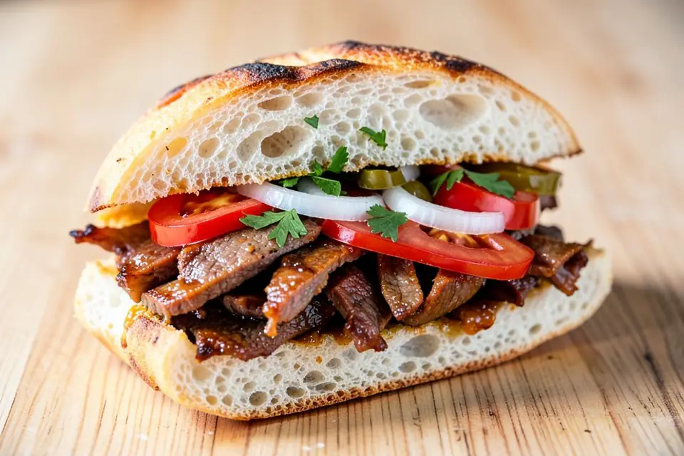 Beef döner in half a loaf of bread