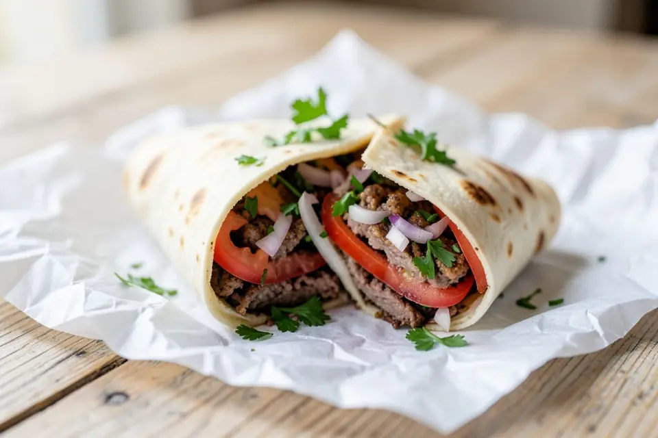 A beef döner wrap showing its filling