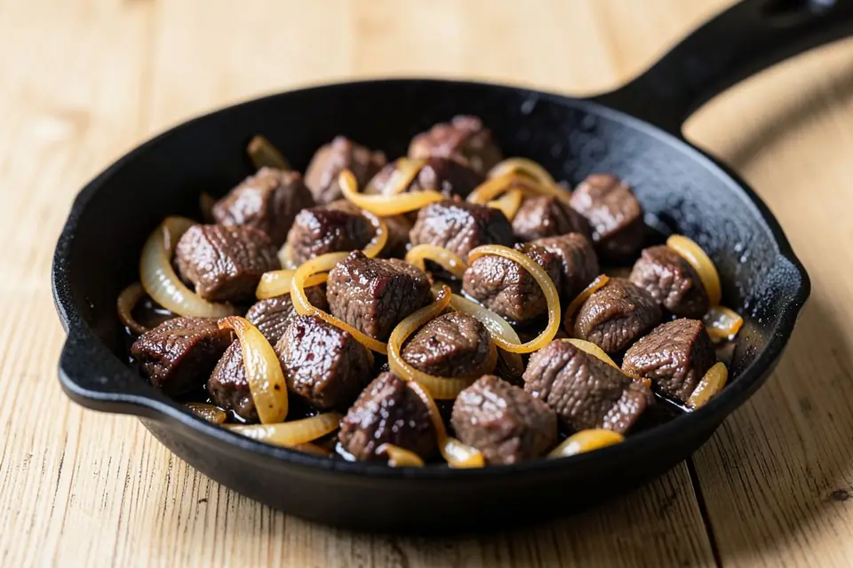 Kavurma in a cast-iron pan