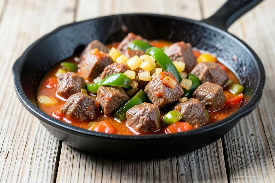 Beef sauté with tomatoes and peppers in a pan