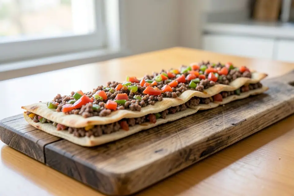 Sliced etli ekmek on a long wooden board