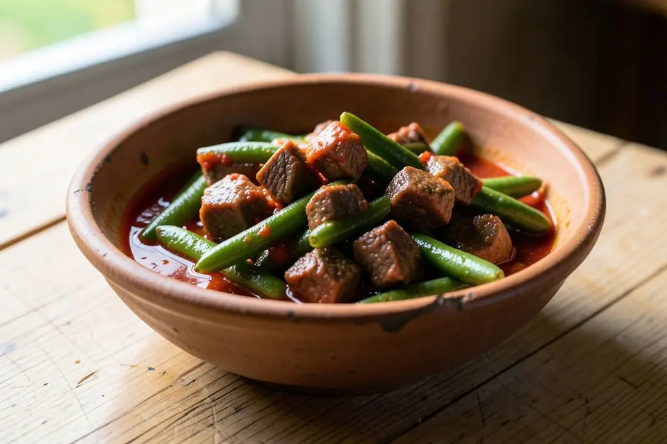 Green beans with meat in a bowl