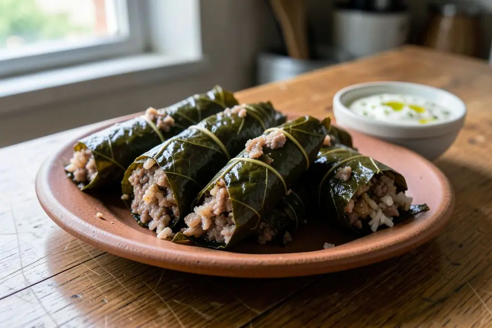 Meat-stuffed grape leaves with yogurt on a plate