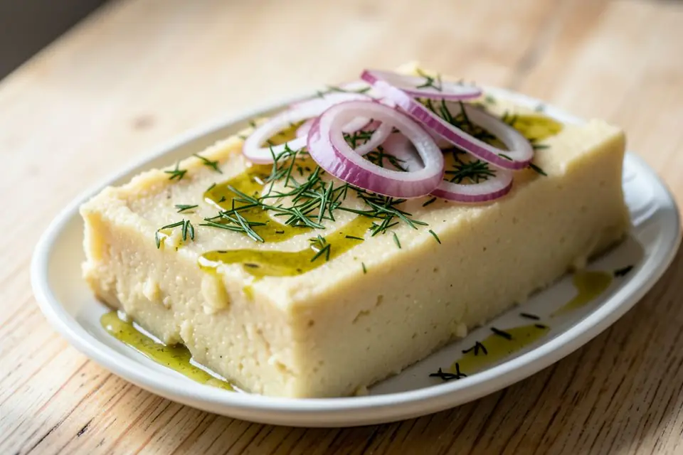 A slice of fava with olive oil and dill