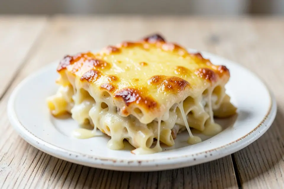 A slice of baked pasta on a plate