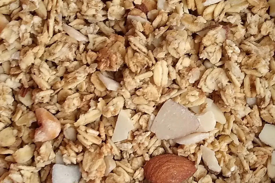 Close-up of granola with almonds and hazelnuts