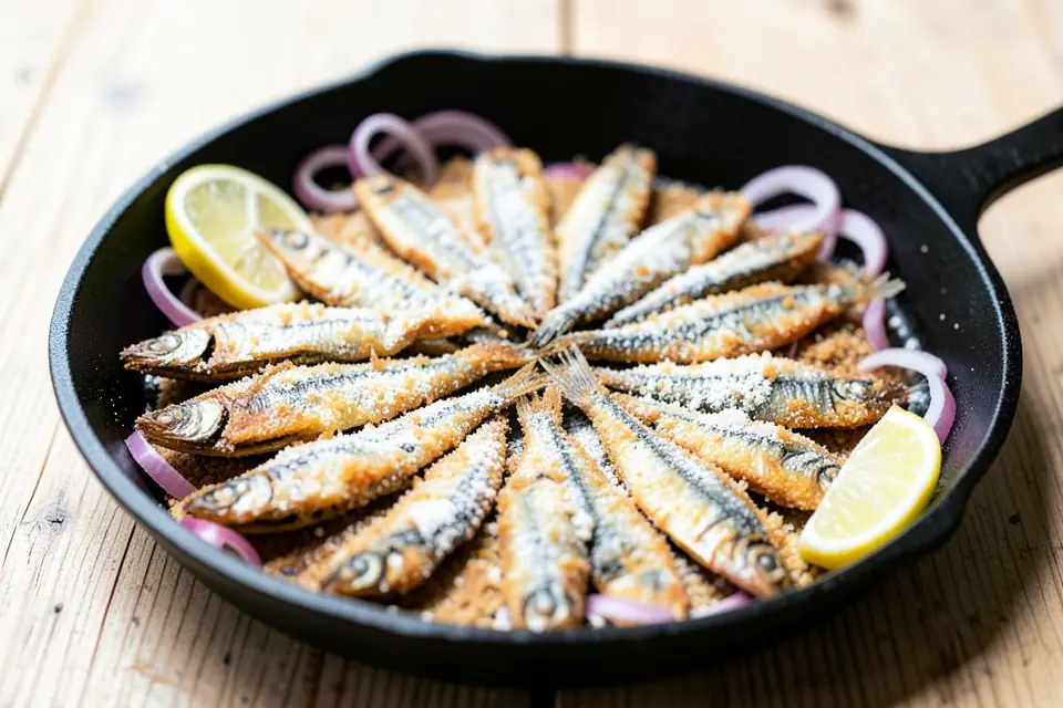 Fried anchovies arranged in a circle in a pan
