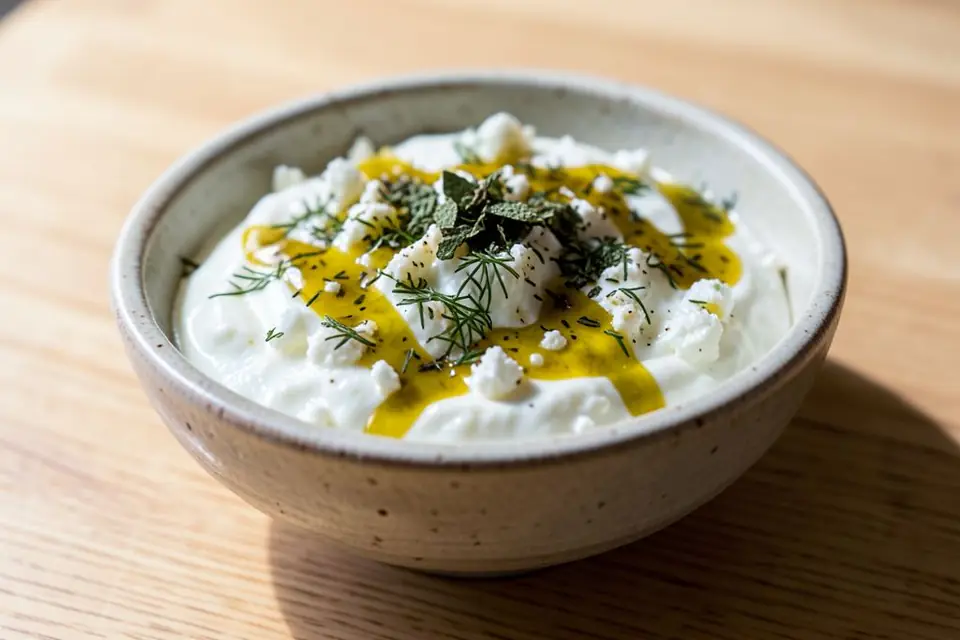 Haydari with olive oil in a small bowl