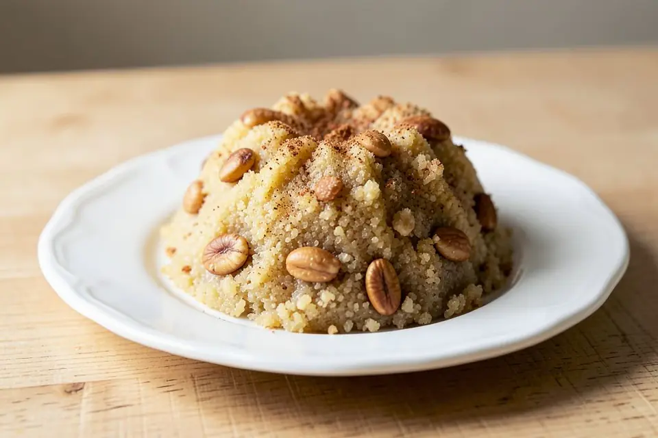 Semolina halva with pine nuts on a plate
