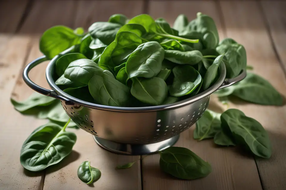 Fresh spinach leaves in a colander