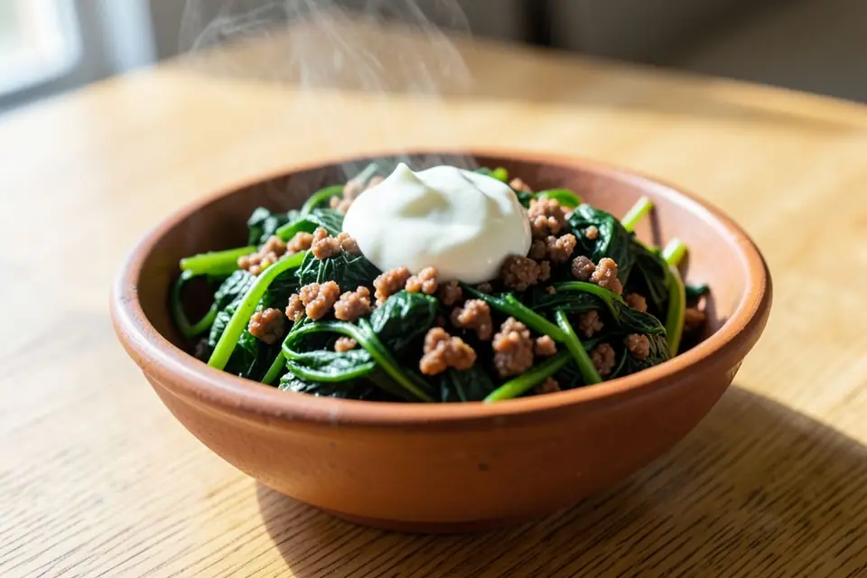 Spinach with ground meat and yogurt