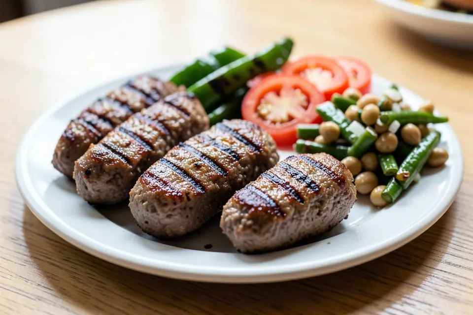Grilled köfte with tomato slices and roasted peppers
