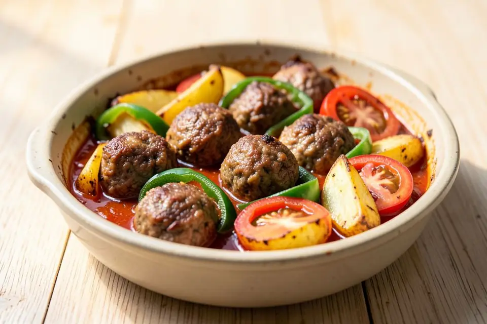 İzmir köfte with potatoes in a baking dish