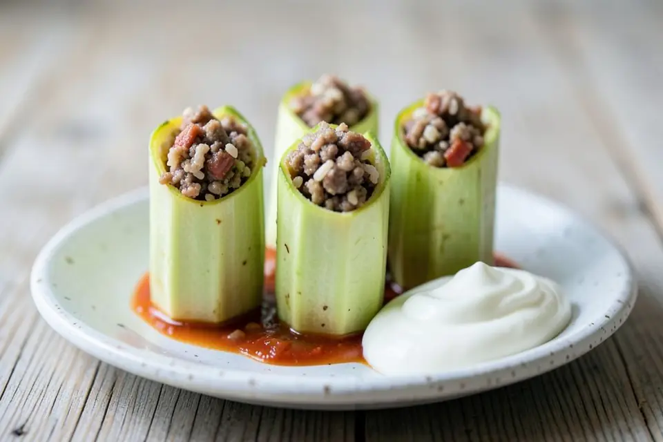 Meat-stuffed zucchini with yogurt on a plate