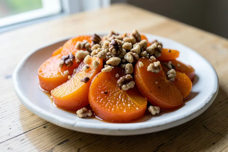 Slices of candied pumpkin dessert with walnuts