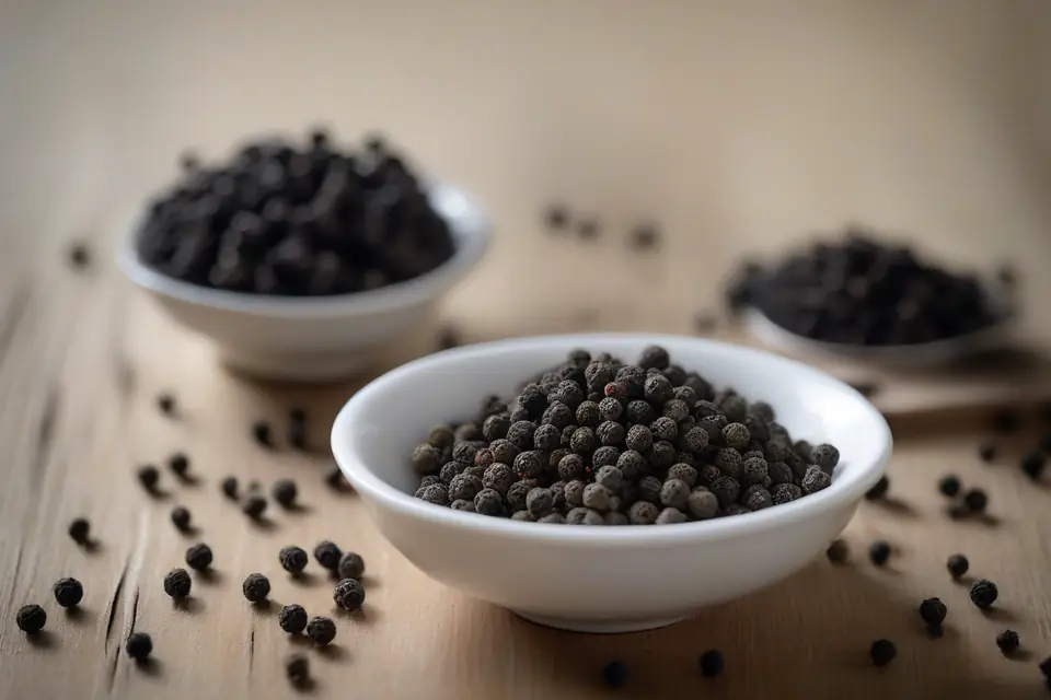 Whole and ground black pepper in a bowl