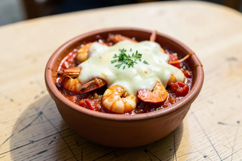 Shrimp casserole with melted kaşar cheese in a clay pot