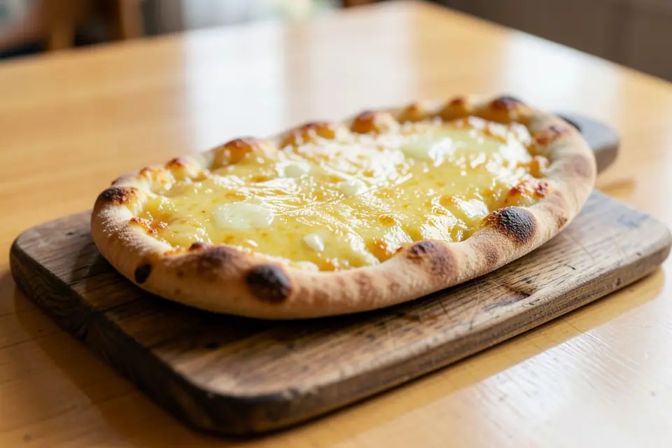 Cheese pide on a wooden board