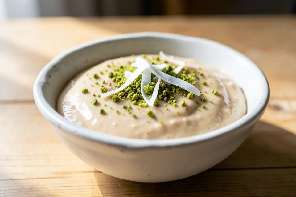 Keşkül sprinkled with pistachios and coconut in a bowl