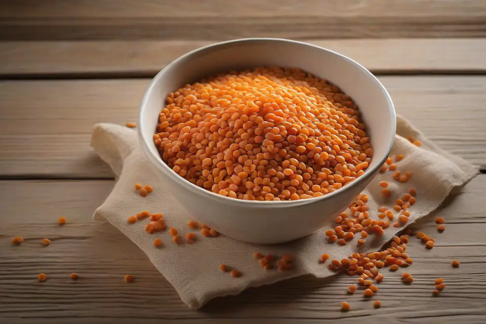 Raw red lentils in a bowl