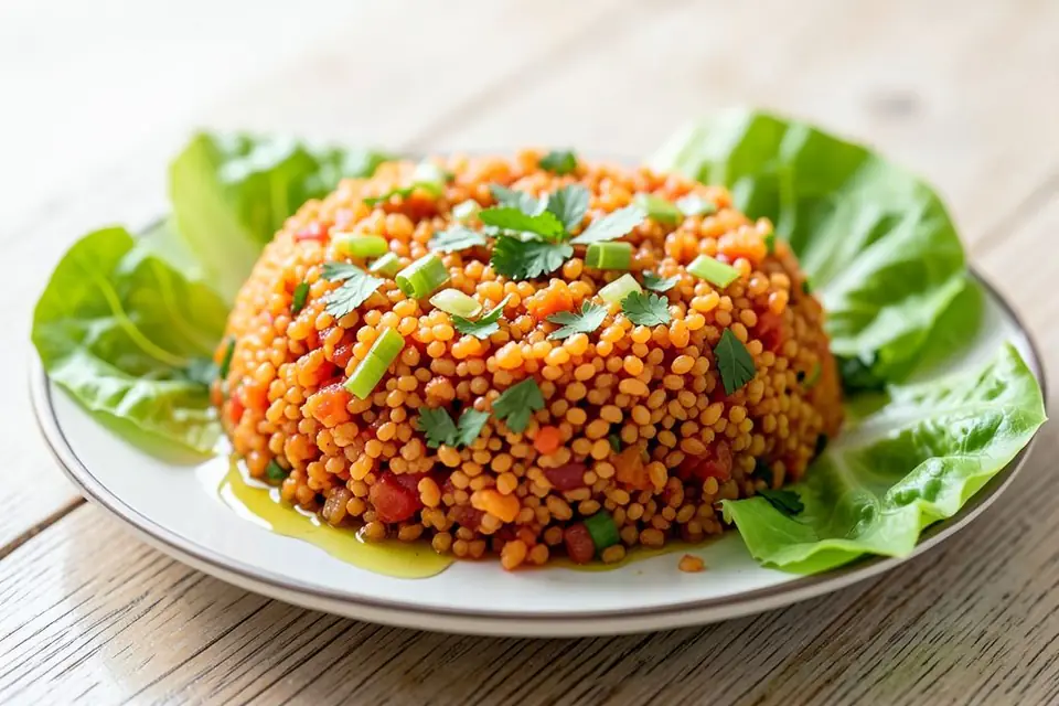 Kısır served with lettuce leaves