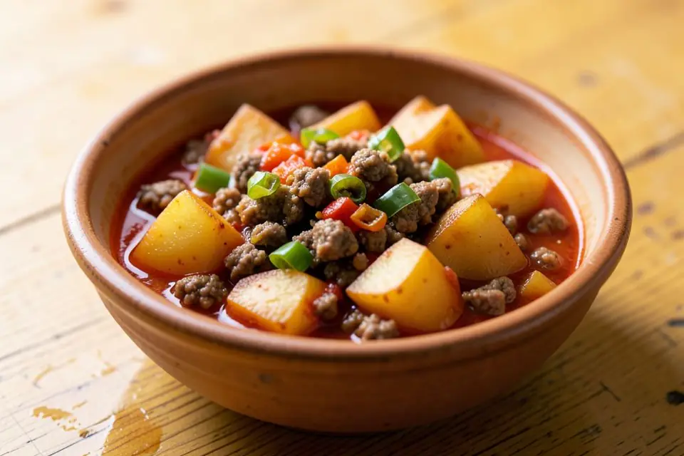 Potatoes with ground meat in a bowl